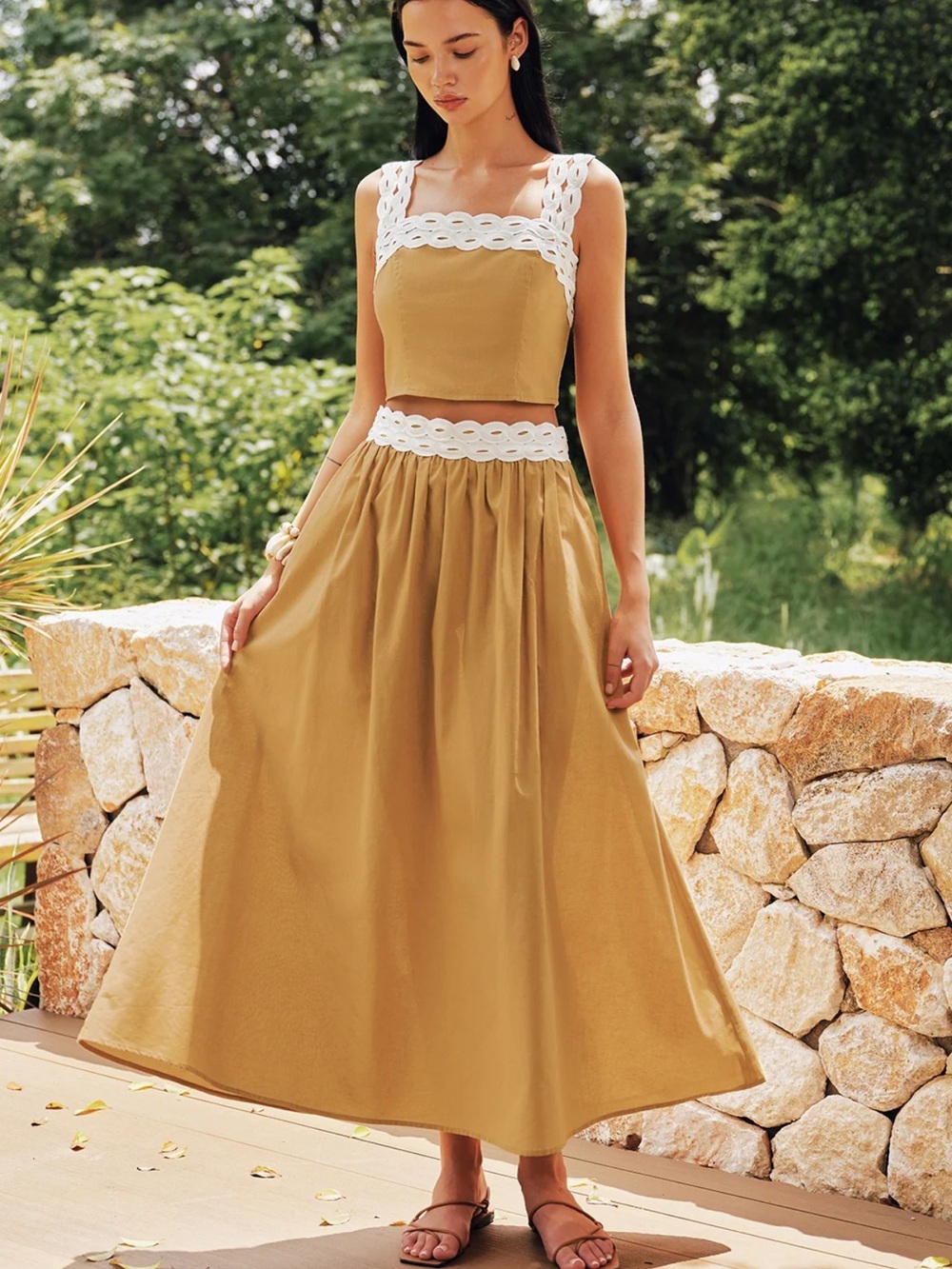 Commense Contrast Trim Cotton Linen Top & Skirt Set Size Large NWT - Picture 2 of 8